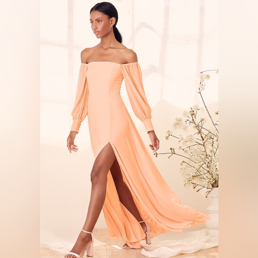 Lulus Feel the Romance Peach Off-the-Shoulder Maxi Dress